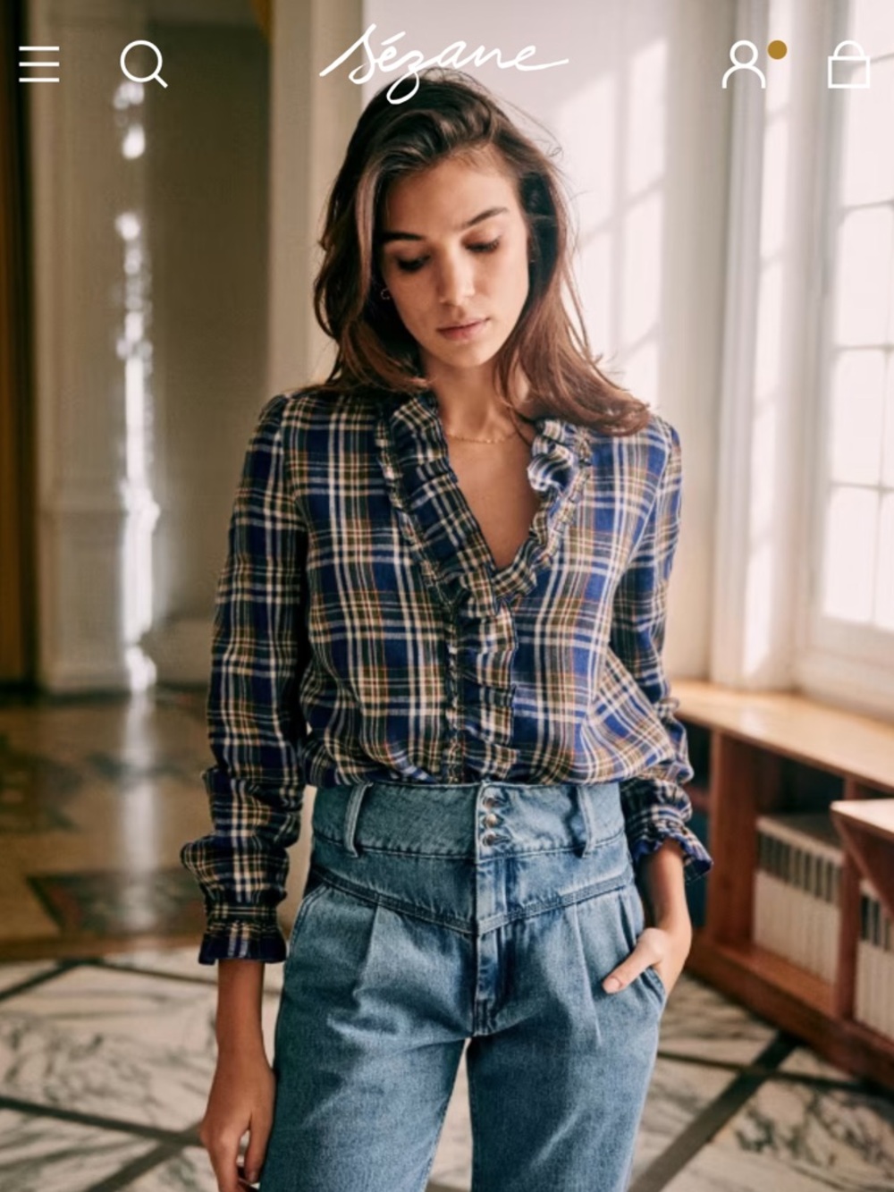 Sezane plaid linen ruffle shirt
